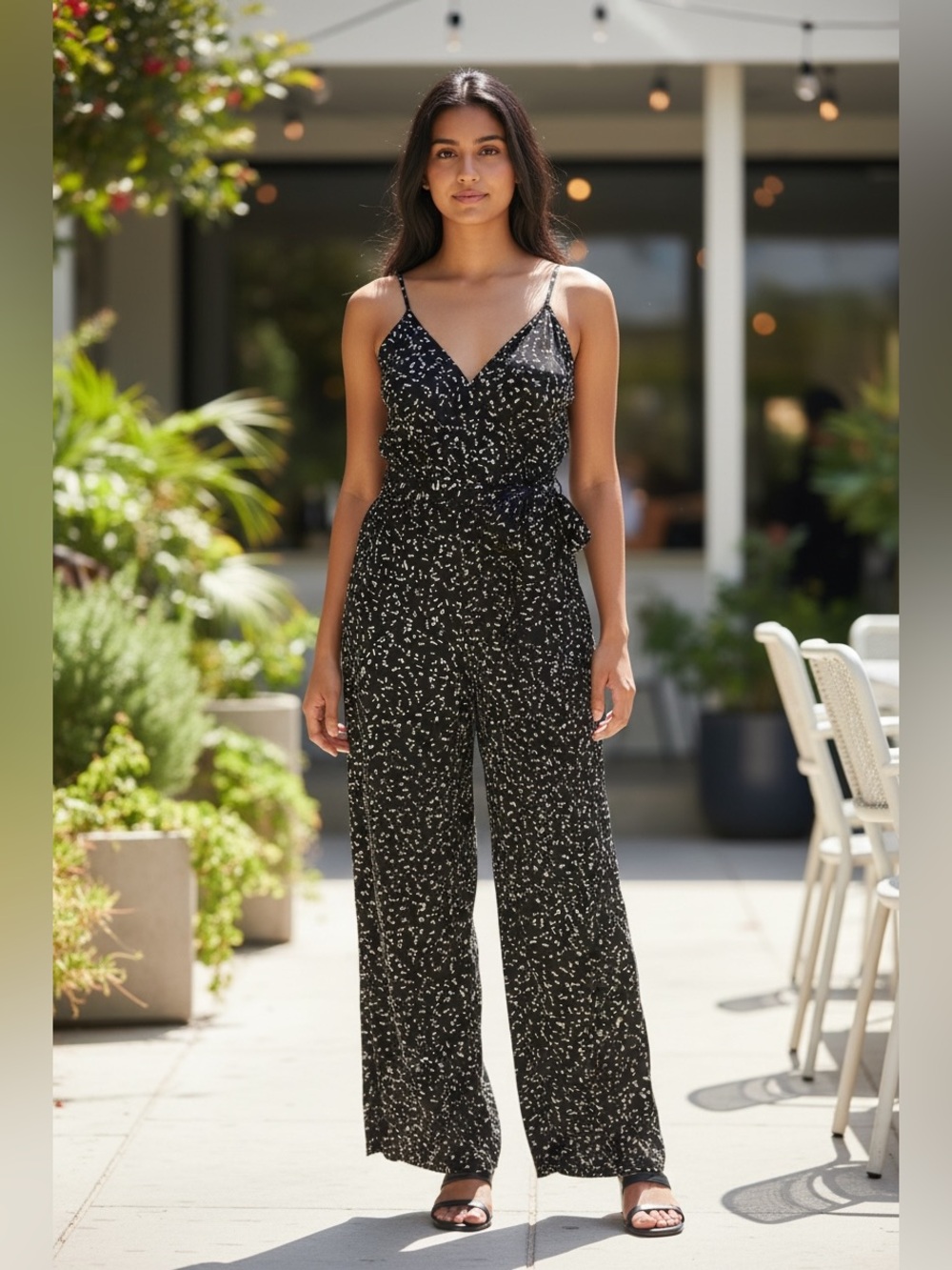 Spaghetti-Strap Wide-Leg Jumpsuit in Black with white accents